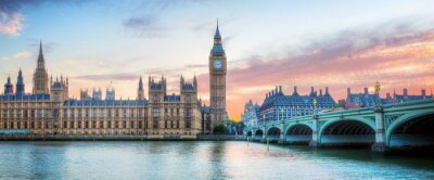 Tableau  Londres, Royaume-Uni panorama. Big Ben au Palais de Westminster sur la Tamise, au coucher du soleil