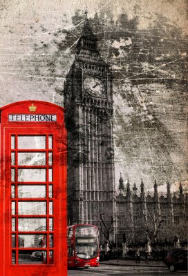 Londres Telefonzelle und Big Ben, Vintage