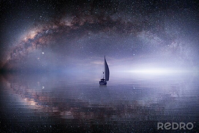 Tableau  lone sailing luxur yacht under starry night with milkyway galaxy