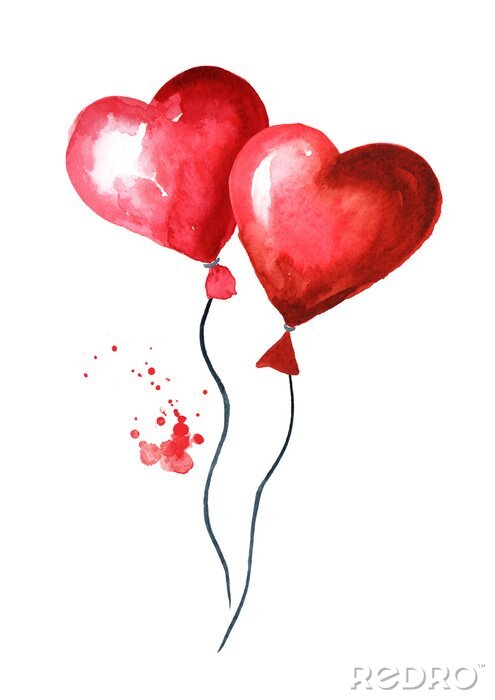 Tableau  Love and romance illustration. Valentines red heart balloons. Watercolor hand drawn illustration, isolated on white background