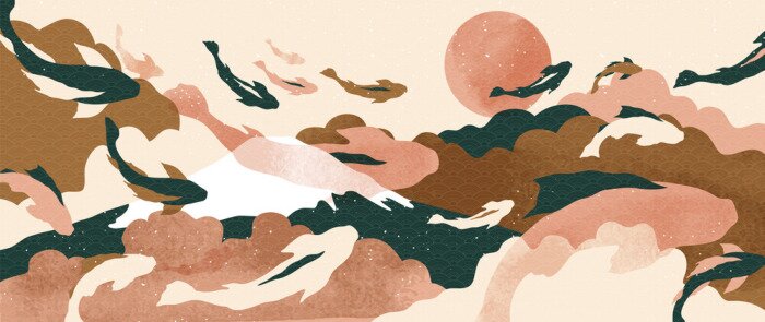 Tableau  Luxury oriental style wall arts vector. Abstract arts design with Koi fish, Ocean, mountain, sun, moon texture texture and brush design for wallpaper, wall framed prints, canvas prints and home decor.