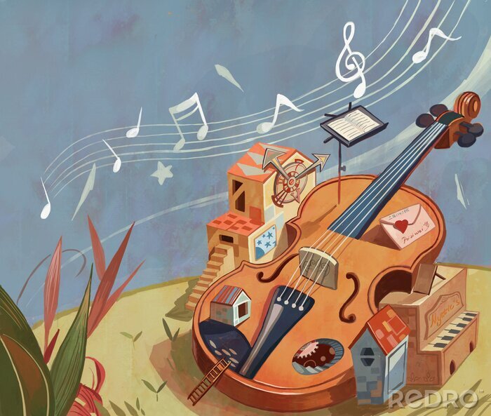 Tableau  Magic, fantasy, fantasy, dreams, imagination, fairy tales, myths, children, literature and art, illustrations, cello, musical instruments, music, performance, music score, notes, illustrations,