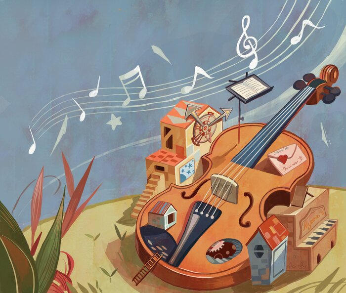 Tableau  Magic, fantasy, fantasy, dreams, imagination, fairy tales, myths, children, literature and art, illustrations, cello, musical instruments, music, performance, music score, notes, illustrations,