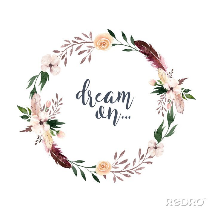 Tableau  Main, dessin isolé boho aquarelle illustration florale avec des feuilles, des branches, des fleurs. Art de verdure de Bohème dans le style vintage. Éléments pour la carte de mariage.