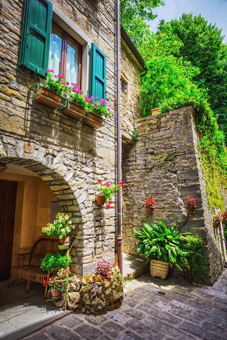 Tableau  Maison en pierre et fleurs