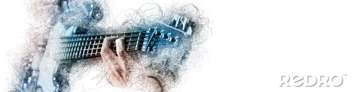 Tableau  Man holding playing a guitar, blue brown color image with digital effects sketch silhouette on white panoramic background copy free space for your conceptual advertisement text