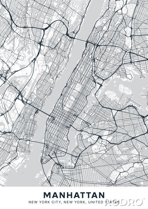 Tableau  Manhattan map. Light poster with map of Manhattan borough (New York, United States). Highly detailed map of Manhattan with water objects, roads, railways, etc. Printable poster.