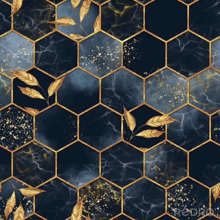 Tableau  Marble hexagon seamless texture with golden leaves. Abstract background