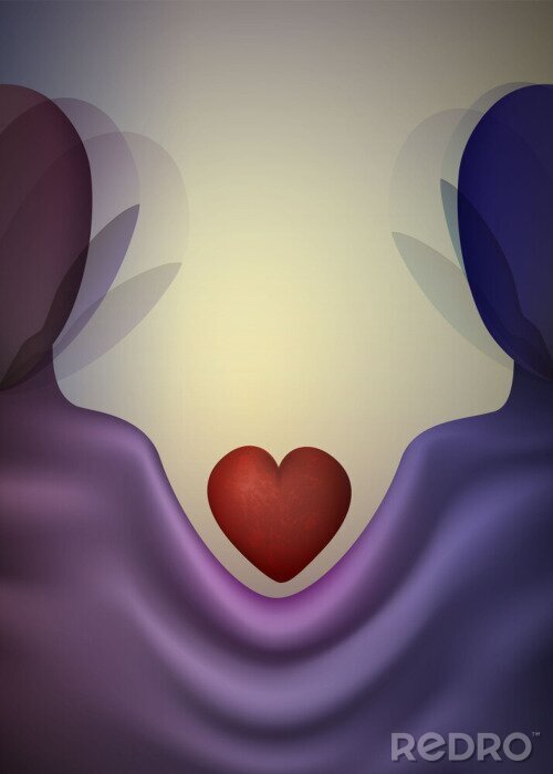 Tableau  marriage icon, people in love, blue man and red woman in love with heart in the middle, surrealistic romantic dream, together forever, couple in love concept,