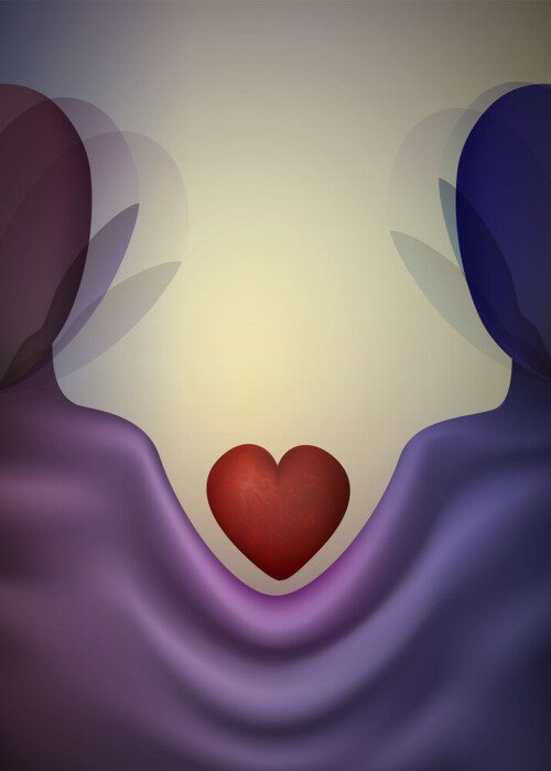 Tableau  marriage icon, people in love, blue man and red woman in love with heart in the middle, surrealistic romantic dream, together forever, couple in love concept,
