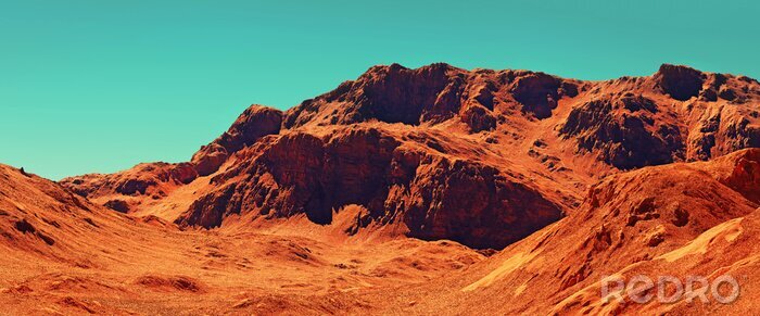 Tableau  Mars landscape, 3d render of imaginary mars planet terrain, science fiction illustration.