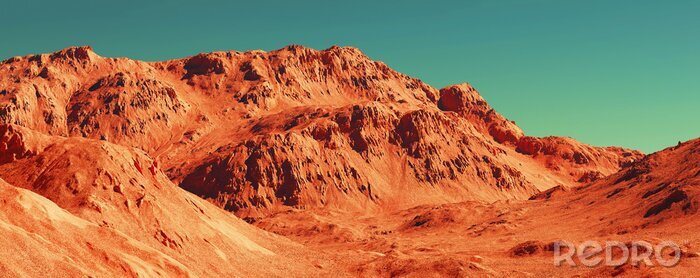 Tableau  Mars landscape, 3d render of imaginary mars planet terrain, science fiction illustration.