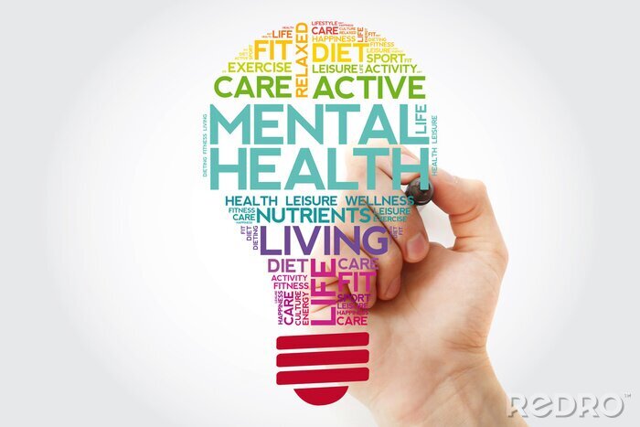 Tableau  Mental health bulb word cloud collage with marker, health concept background