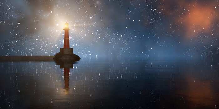 Tableau  Mer, phare et ciel étoilé