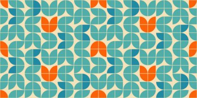 Tableau  Mid century modern style seamless vector pattern with geometric floral shapes colored in orange, green turquoise and aqua blue. Retro geometrical pattern sixties style.