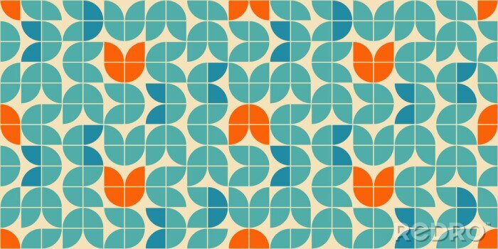 Tableau  Mid century modern style seamless vector pattern with geometric floral shapes colored in orange, green turquoise and aqua blue. Retro geometrical pattern sixties style.