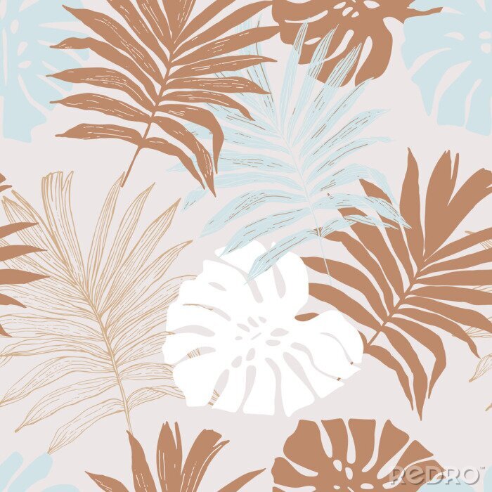 Tableau  Minimal tropical art seamless pattern. Monstera and palm leaves silhouettes, line art background