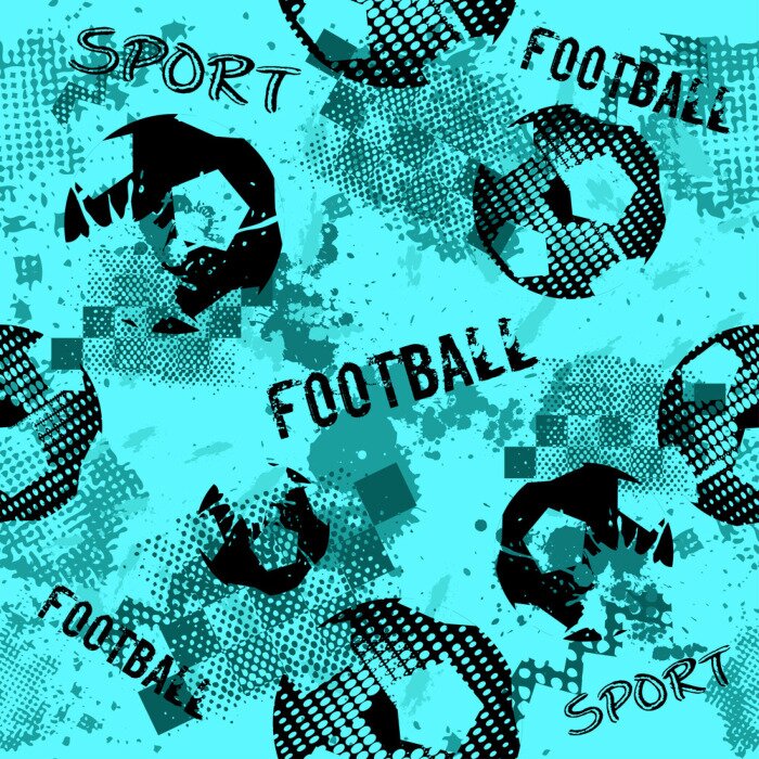 Tableau  Modèle abstrait de football sans couture pour les garçons. Modèle de football sportif. Toile de fond urbain sport grunge avec ballon de football. Papier peint sport sur fond noir avec des taches multi