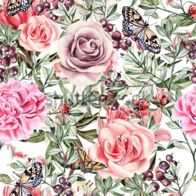Tableau  Modèle avec aquarelle réaliste rose, pivoines, papillons et plantes. Illustration.