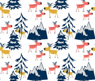 Tableau  Modèle d'hiver sans soudure. Cartoon Deer dans la forêt d'hiver.