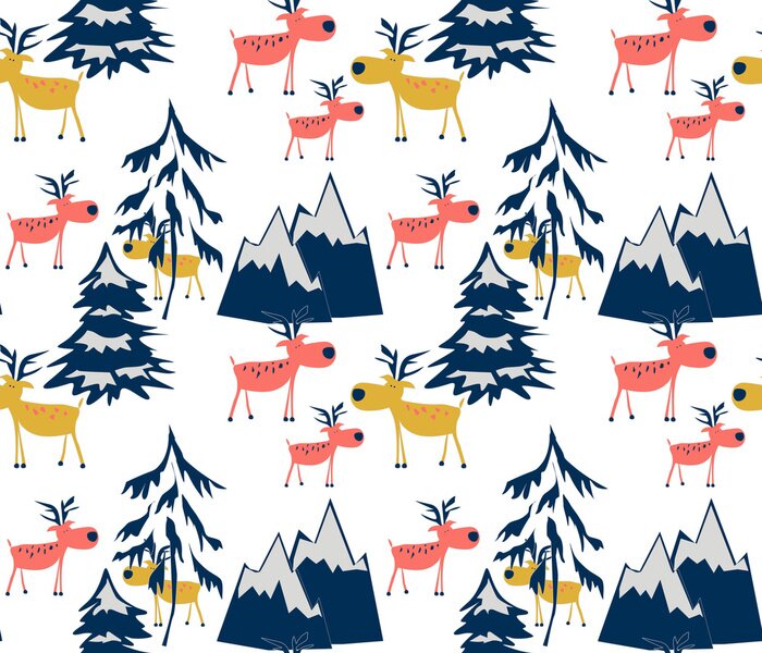 Tableau  Modèle d'hiver sans soudure. Cartoon Deer dans la forêt d'hiver.