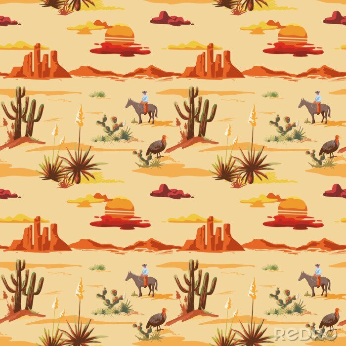 Tableau  Modèle d'illustration désert magnifique sans couture vintage. Paysage avec cactus, montagnes, cow-boy à cheval, coucher de soleil fond de style vecteur dessinés à la main