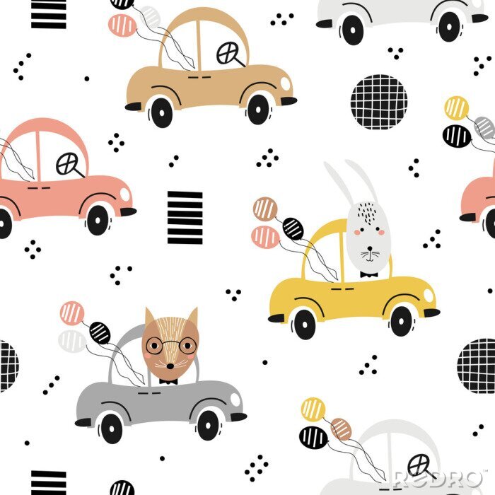 Tableau  Modèle de bébé sans couture avec le renard mignon, lapin dans la voiture. Texture créative pour enfants pour le tissu, le textile, le papier peint et l'emballage. Illustration vectorielle