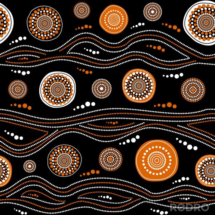 Tableau  Modèle de vecteur sans couture aborigène australien avec des cercles en pointillés, des anneaux et des rayures tordues