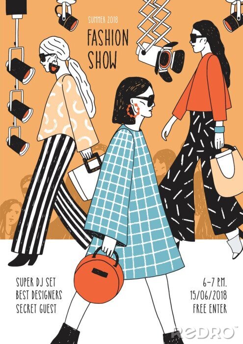 Tableau  Modèle moderne de flyer ou d’affiche pour le défilé de mode avec les meilleurs mannequins portant des vêtements de haute couture à la mode et en faire la démonstration. Illustration vectorielle coloré