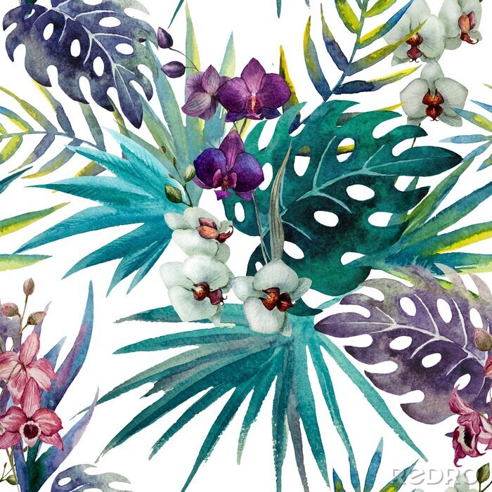 Tableau  modèle Orchid Hibiscus laisse tropiques aquarelle