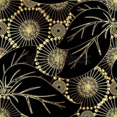 Tableau  Modèle sans couture 3d de vecteur floral otnate moderne. Abstrait s'épanouir ornemental. Belles fleurs de pissenlit 3d, grandes feuilles, ornements décoratifs vintage. Texture de surface sans f