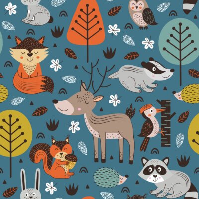 modèle sans couture avec des animaux de la forêt sur fond bleu style scandinave - illustration vectorielle, eps