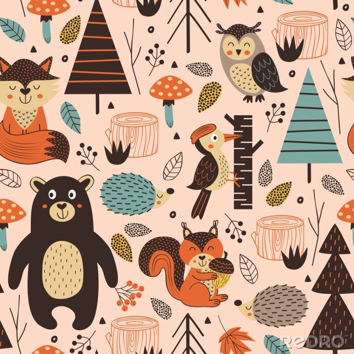 Tableau  modèle sans couture avec des animaux de la forêt sur style scandinave fond rose - illustration vectorielle, eps
