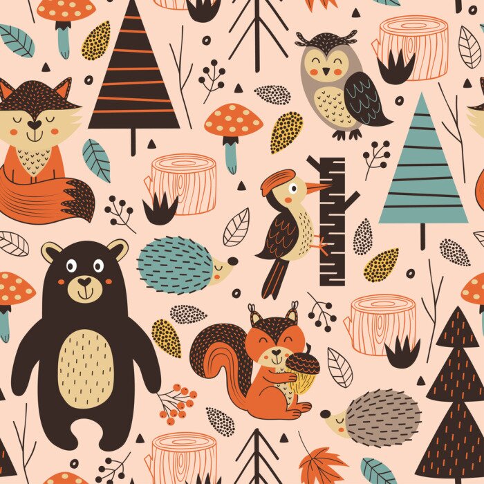 Tableau  modèle sans couture avec des animaux de la forêt sur style scandinave fond rose - illustration vectorielle, eps