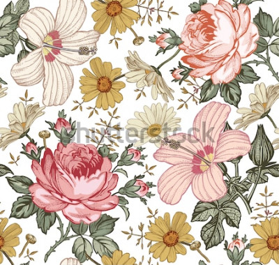 Tableau  Modèle sans couture. Belle rose floraison des fleurs isolées réalistes. Tapisserie fond Vintage fleurs sauvages de camomille Rose hibiscus mauve. Fond d'écran. Dessin gravure Illustration vectorie
