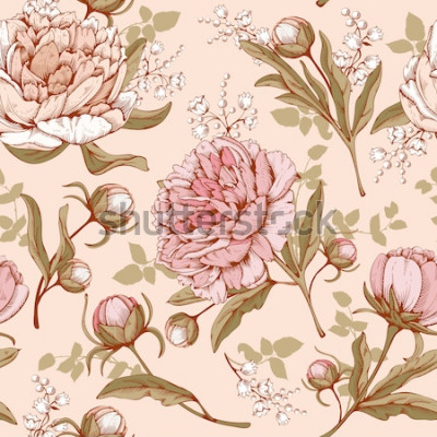 Tableau  Modèle sans couture de luxe Vintage avec fleurs détaillées à la main - floraison pivoine. Vecteur. Facile à éditer.