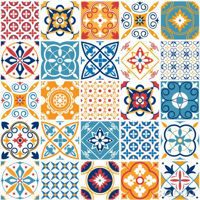 Tableau  Modèle sans couture de Portugal. Texture de carreaux de céramique méditerranéenne vintage. Motifs de carreaux géométriques et mur imprimer ensemble de vecteurs de textures