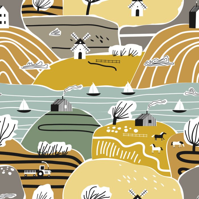 Tableau  Modèle sans couture dessiné de main avec maison, arbres et collines. Concept de paysage nature europe. Parfait pour le tissu, le textile et le papier peint pour enfants. L'automne.