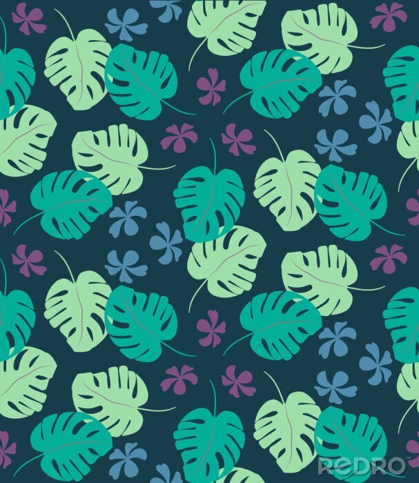Tableau  Modèle sans couture tropical avec des feuilles de palmiers exotiques et des fleurs tropicales. Style hawaïen Illustration vectorielle