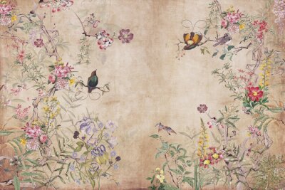 Tableau  Modèle vintage avec oiseaux de paradis et fleurs