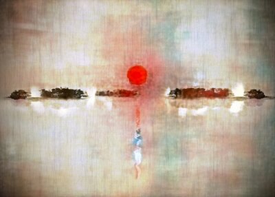 Tableau  Modern abstract painting in sumi-e style. Red sunset over calm water