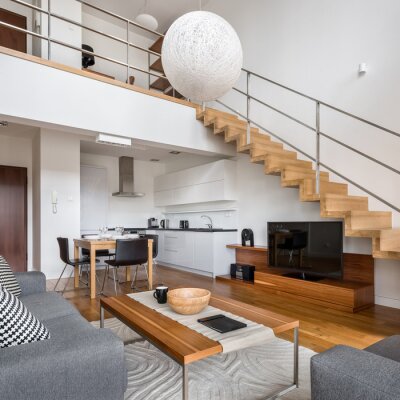 Tableau  Modern apartment with wooden stairs