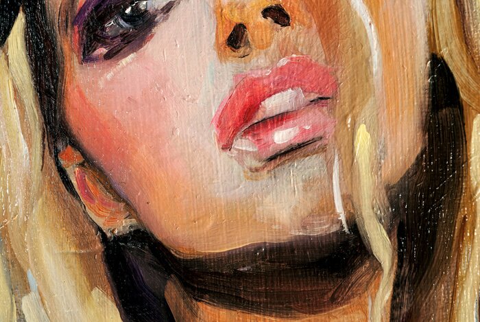 Tableau  Modern art, beautiful caucasian woman with blue eyes and blonde hair, oil painting