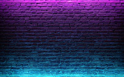Tableau  Modern futuristic neon lights on old grunge brick wall room background. 3d rendering
