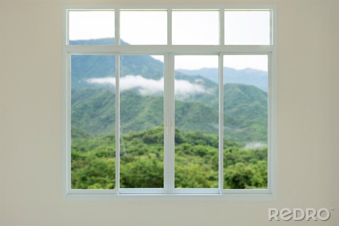 Tableau  Modern house window view with mountain background