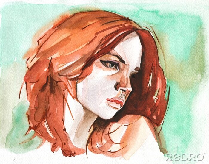 Tableau  Modern Young red headed woman portrait hand drawn watercolor illustration