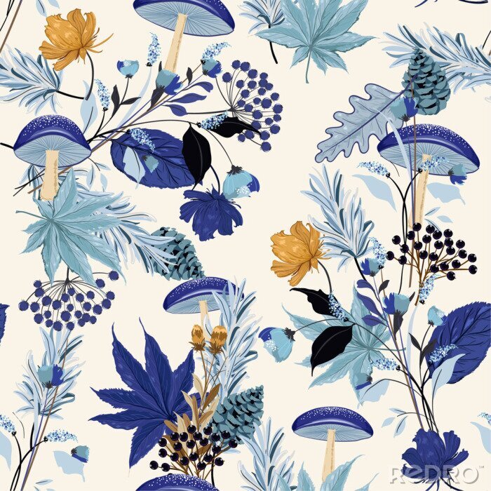 Tableau  Monotine sur l'ombre bleue Modèle sans couture de jardin automne nuit avec feuille dessinée à la main, champignons, fleurs, pignons de pin, chêne dans le vecteur de motifs de la forêt