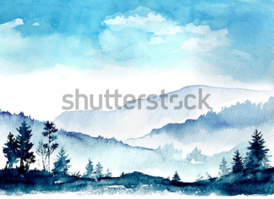 Tableau  Montagnes aquarelles bleues