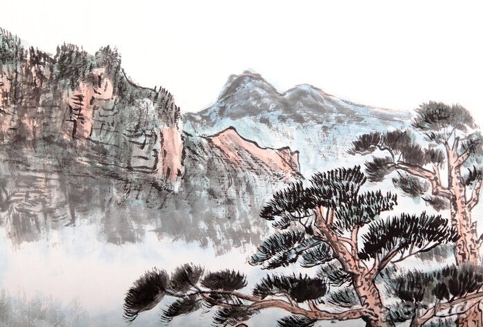 Tableau  Montagnes et arbres peints