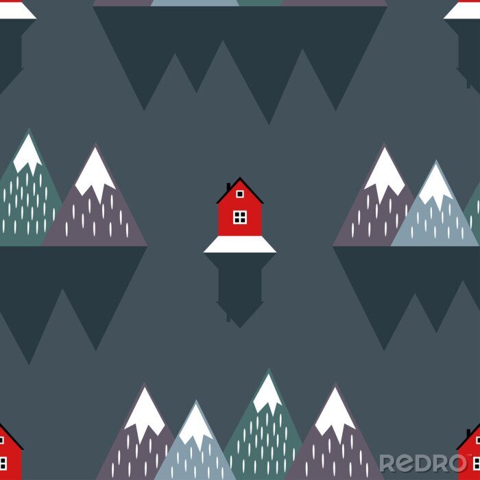 Tableau  Montagnes scandinaves et maisons rouges